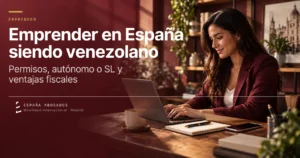 Emprendedora venezolana trabajando con su portatil en un despacho de Madrid